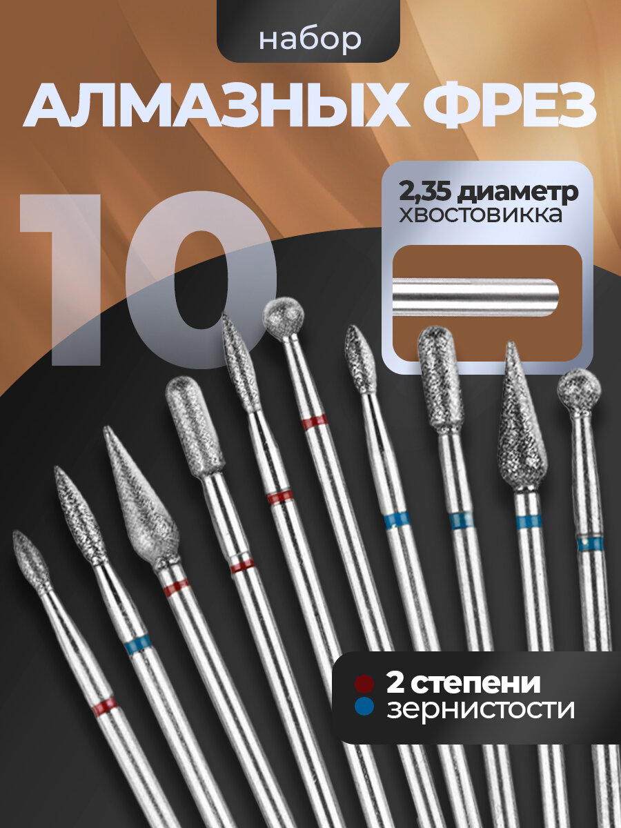 Набор фрез NAILSERVICE для маникюра и педикюра, 10 шт, в блистере