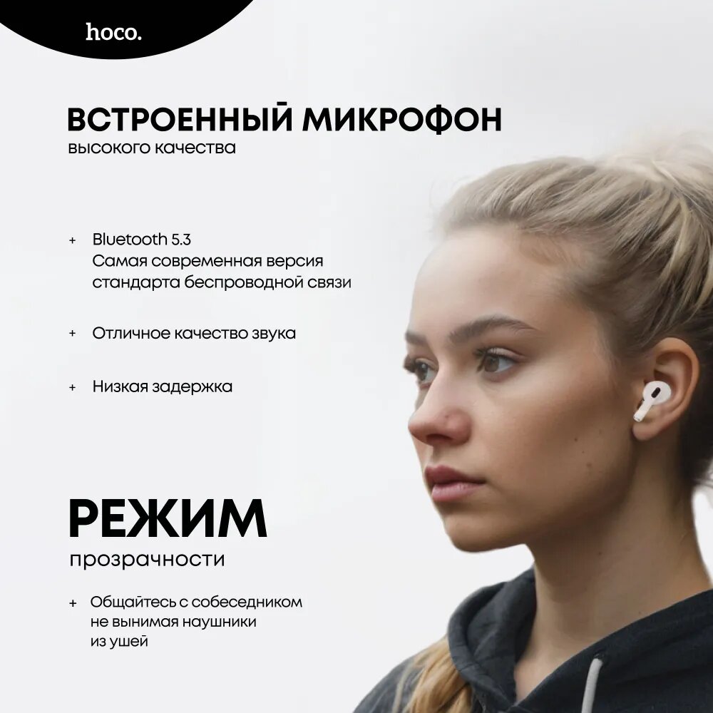 Наушники беспроводные с микрофоном Hoco EW72, шумоподавление ANC+ENC, сенсорный дисплей, белый — фото 1