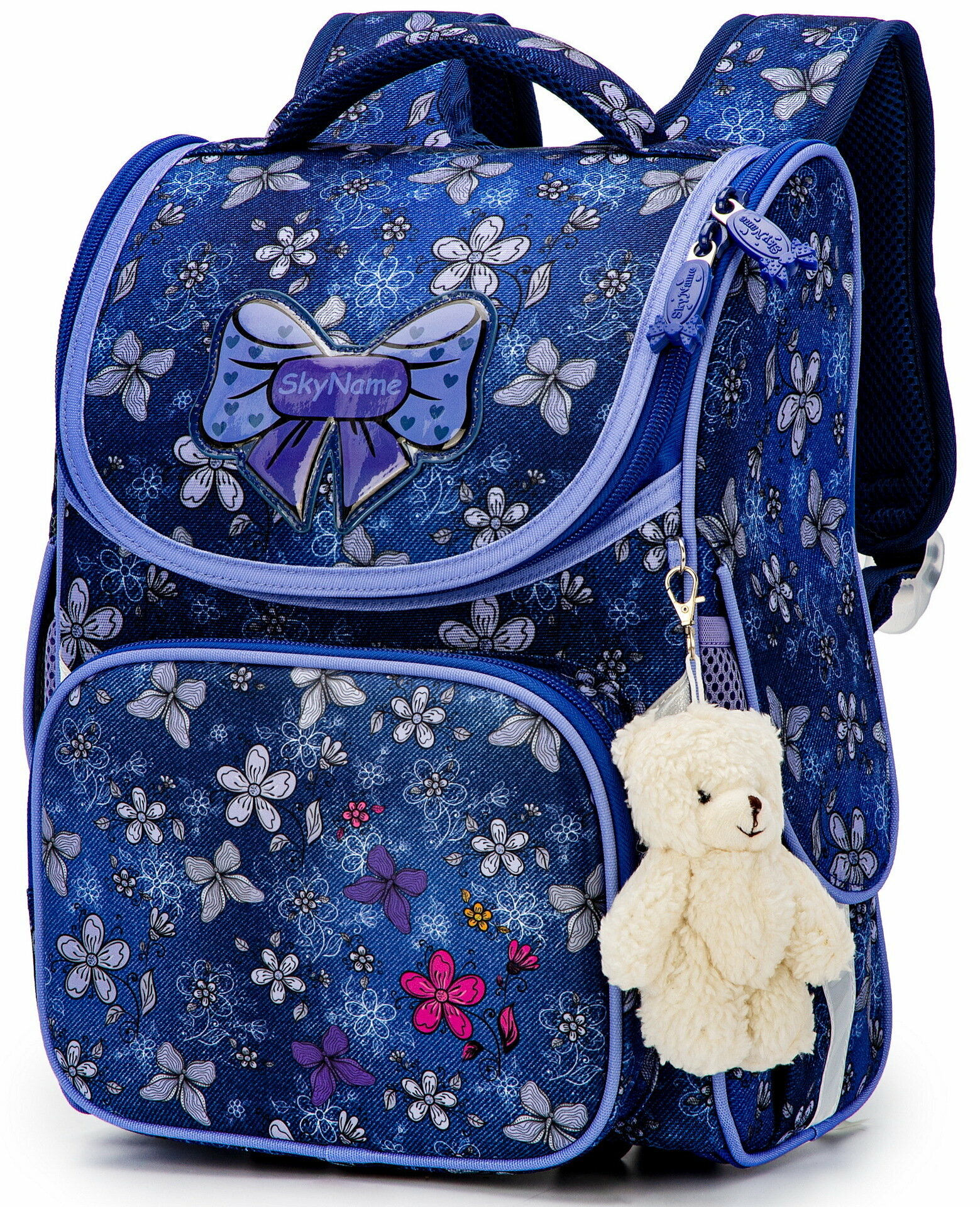 Ранец школьный для девочки 15 л для 1-4 класса, каркасный с анатомической спинкой SkyName (СкайНейм), с мишкой