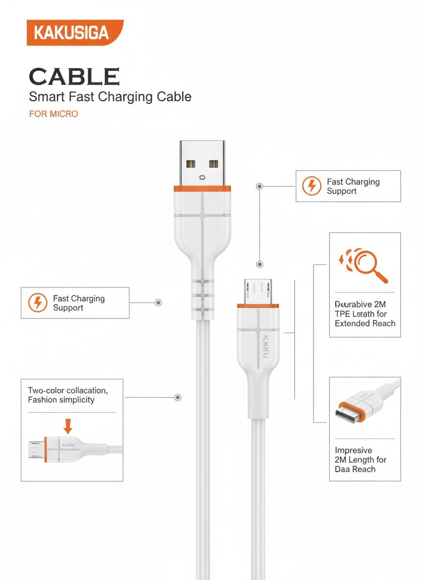 Кабель KAKUSIGA Micro USB – 2 метра, быстрая зарядка, материал TPE — фото 1