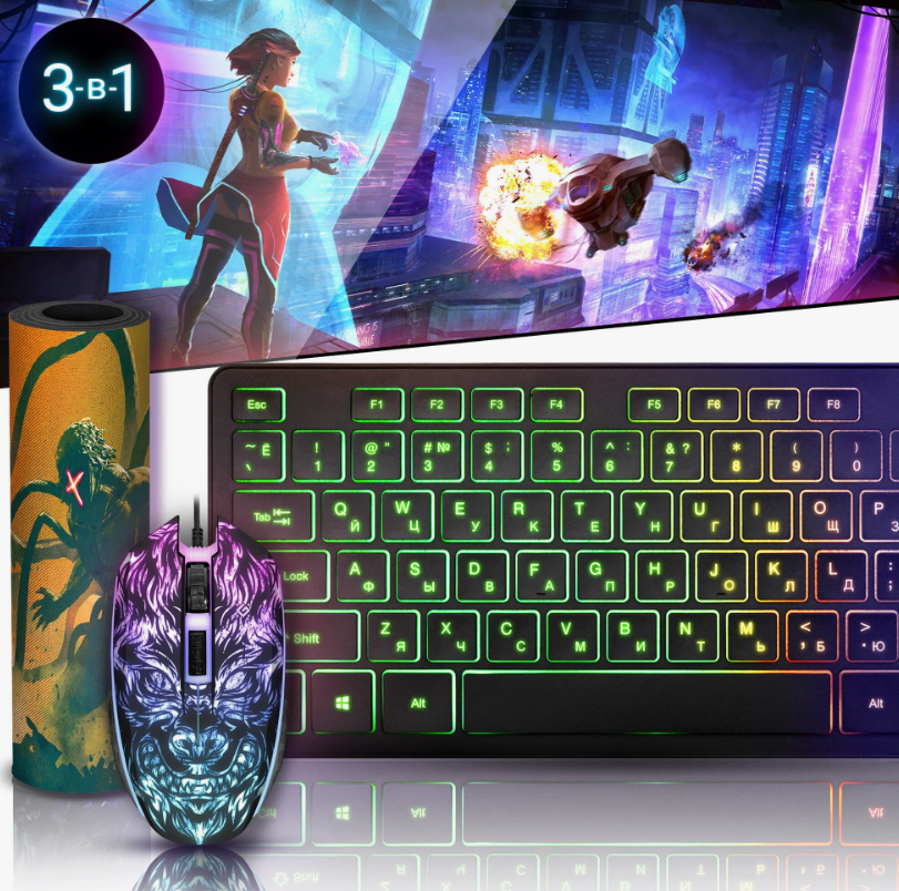 Игровой набор Defender TARK, с мышью, клавиатурой и ковриком, проводной, 3в1