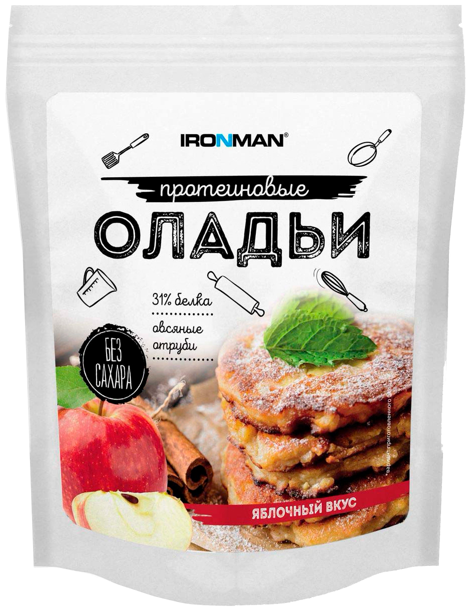 IRONMAN Сухая протеиновая смесь для приготовления оладий, вкус «Яблоко», 300 г, IRONMAN