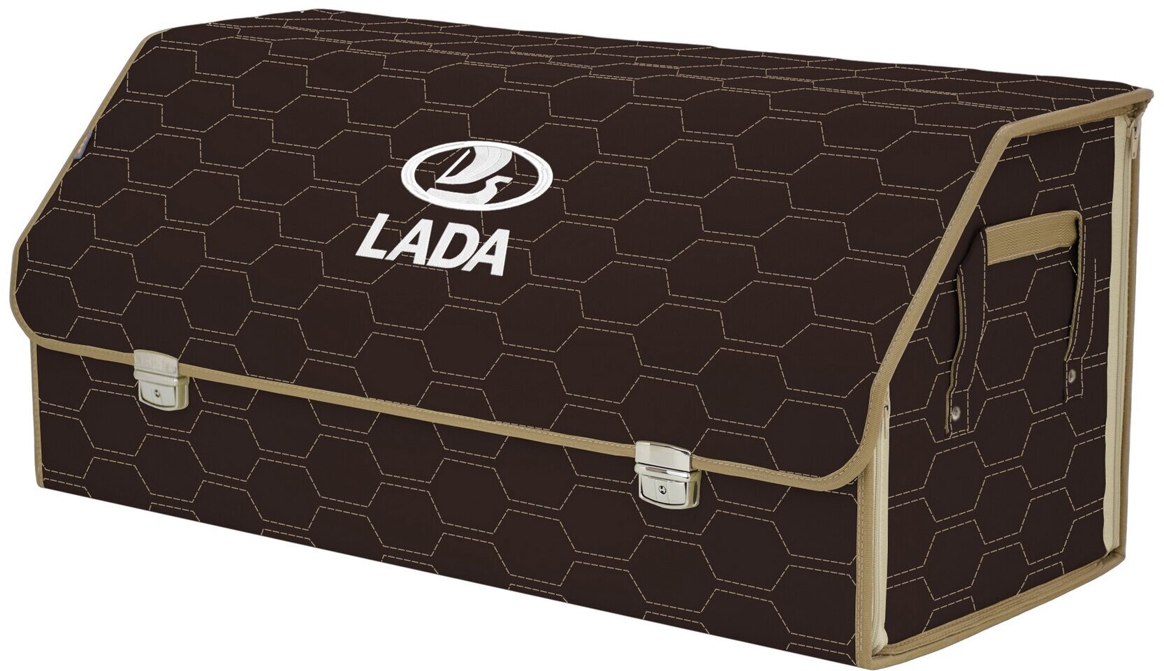 Органайзер-саквояж в багажник "Союз Премиум" (размер XXL). Цвет: коричневый с бежевой прострочкой Соты и вышивкой LADA (лада).
