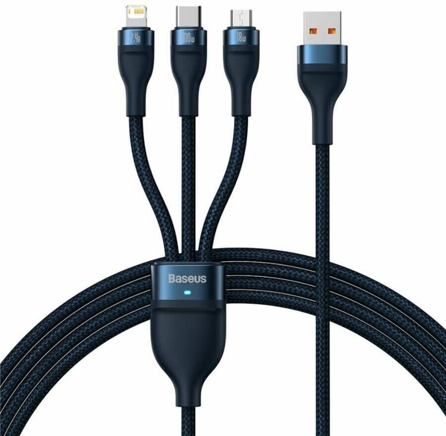 Кабель Baseus Flash Series II One-for-three Fast Charging Data Cable USB to M+L+C 100W 1.2m Blue (CASS030003)