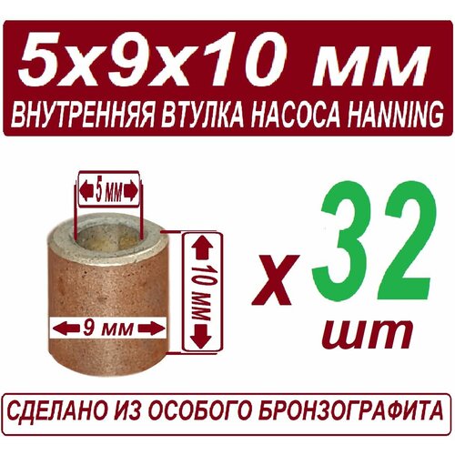 втулки к насосам hanning whirlpool indesit ariston нейлоновые внутренняя внешняя в наборе 2 ремкомплекта втулок Втулка 5x9x10 для рециркуляционного насоса Hanning (Whirlpool, Indesit, Ariston) внутренняя бронзо графитовая в наборе из 32 штук