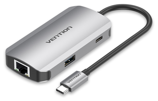 Порт-репликатор Vention USB-C to USB 3.0x3/RJ45/PD Hub 0.15M Gray Aluminum Alloy Type