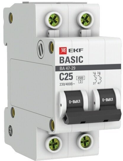 Автоматический выключатель Ekf Basic 2P 25А (C) 4,5кА ВА 47-29 (mcb4729-2-25C)