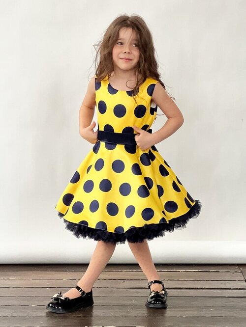 Платье для девочки нарядное бушон ST20, стиляги цвет желтый, синий пояс, принт синий горох, размер 116