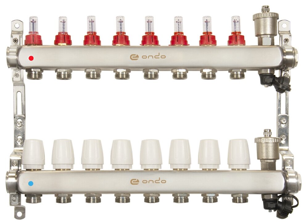 Коллекторная группа Ondo нерж сталь 8 выходов в сборе с расходомерами и термостатическими клапанами - фотография № 1