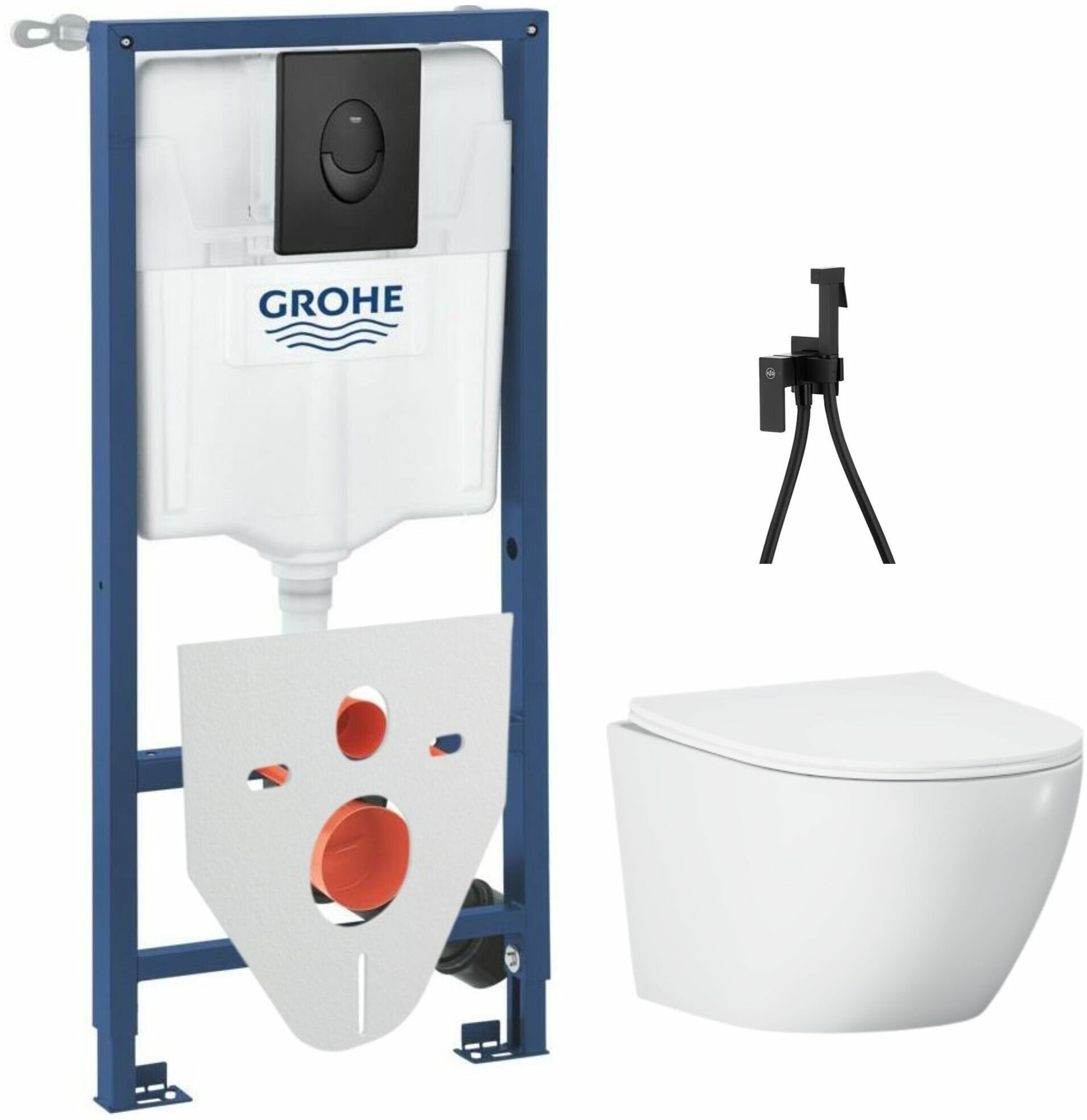 фото Готовое решение: инсталляция Grohe с кнопкой, унитаз Helmken 35103001, сиденье, гигиенический душ