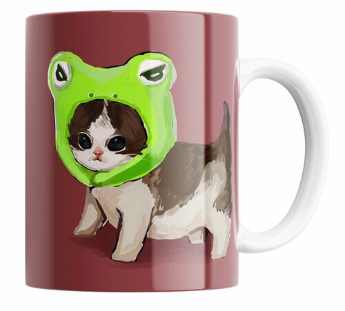 Кружка Кот в шапке лягушки/The cat in the frog hat/с прикольной картинкой. 330 мл