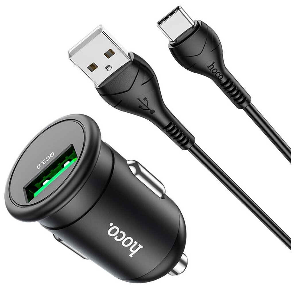 Блок питания автомобильный 1 USB HOCO, Z43, Mighty, 18W, алюминий, пластик, QC3.0, кабель Type-c , цвет: чёрный