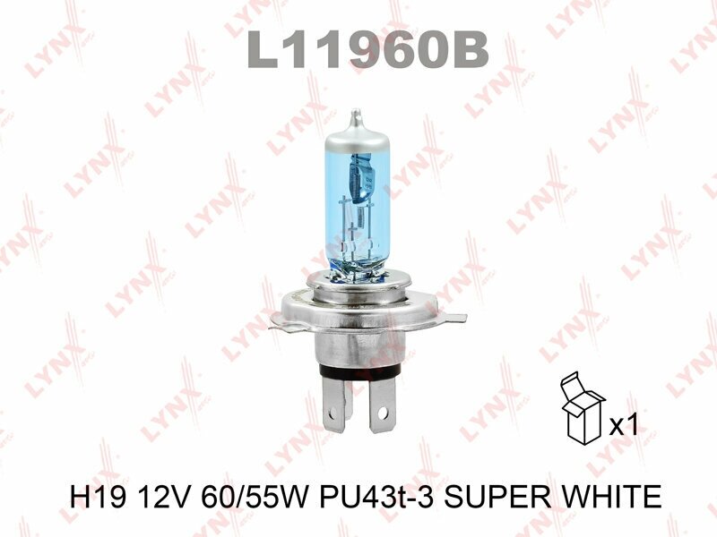 Лампа Галогенная H19 12V 60/55W Pu43t-3 Super White LYNXauto арт. L11960B