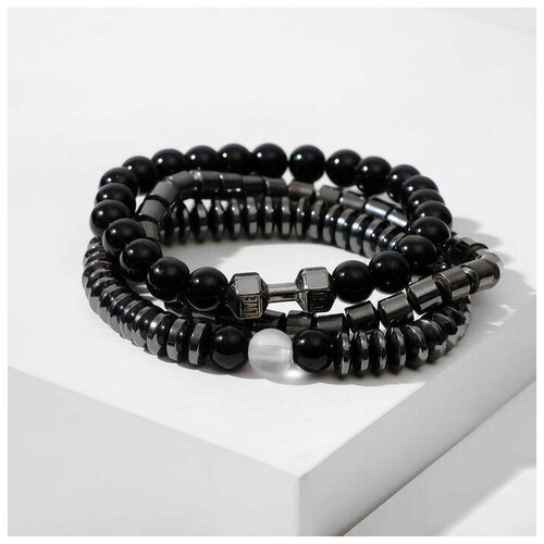 фото Браслет queen fair, гематит, 3 шт., размер 7 см, диаметр 7 см, серый, черный