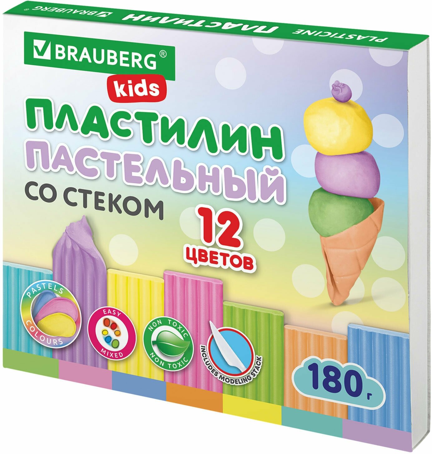 Пластилин Brauberg классический, пастельные цвета, Kids, 12 цветов, 180 г, стек