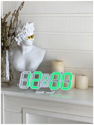 Часы настольные / цифровые / с будильником / настенные / с 3D LED подсветкой / для дома и дачи белый/зеленый