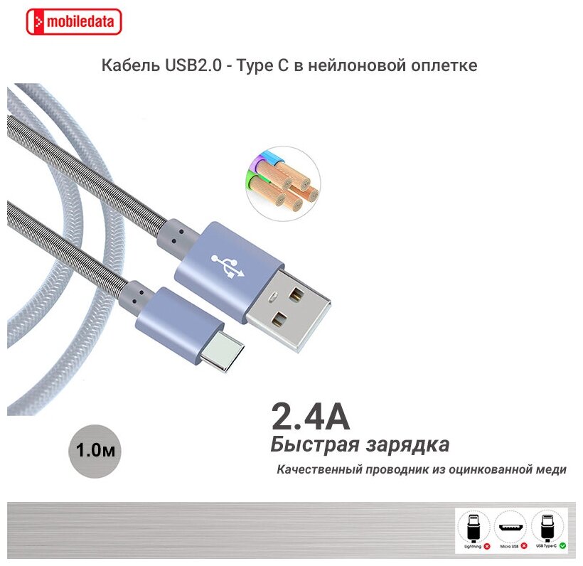 Кабель USB2.0 - Type C в нейлоновой оплетке, серый, 1.0 м, Mobiledata