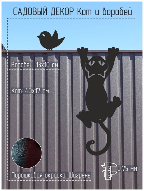 Фигурки на забор, фасад Кот и Воробей (металл), цвет черный