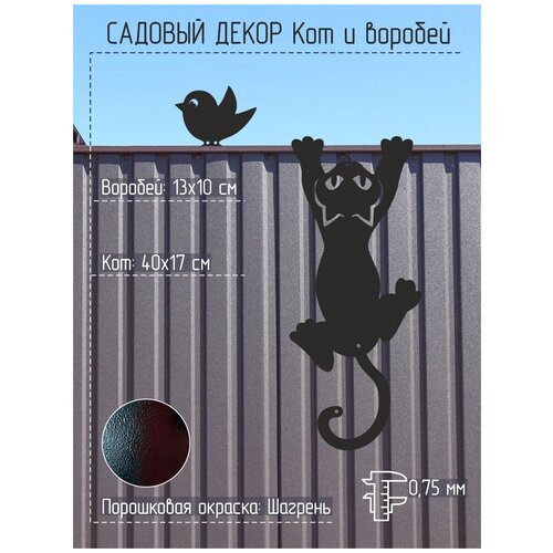 Фигурки на забор, фасад Кот и Воробей (металл), цвет черный