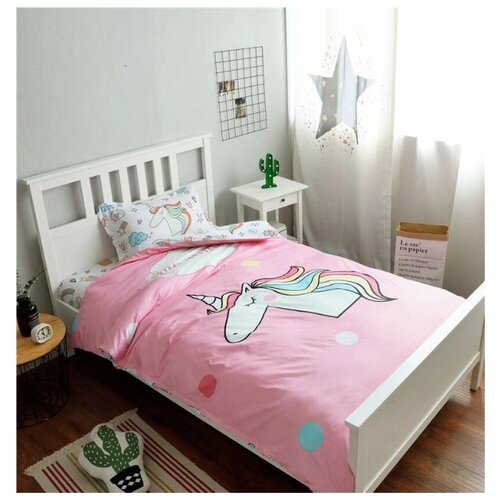 фото Детский комплект постельного белья милано md-001 сатин, 1,5 спальный, наволочка 50х70, розовый единорог