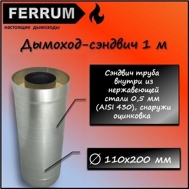 Дымоход-сэндвич 1,0м (430 0,5мм + оцинковка) Ф110х200 Ferrum - фотография № 1