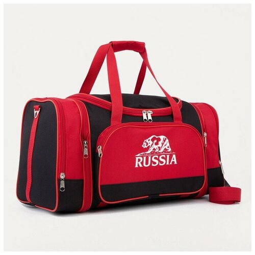 Зфтс Сумка дорожная на молнии, с увеличением, 2 наружных кармана, длинный ремень, цвет чёрный/красный