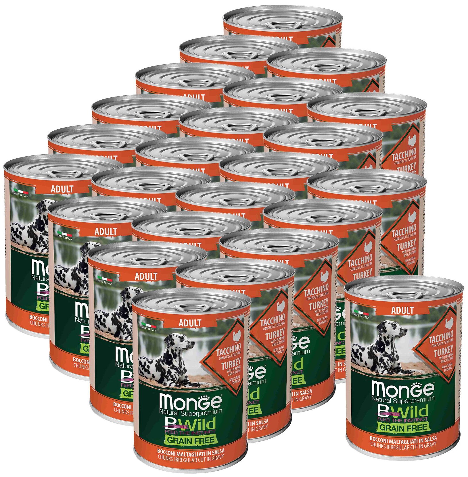 Monge Dog BWild GRAIN FREE беззерновые консервы из индейки с тыквой и кабачками для взрослых собак всех пород 400г х 24 шт.