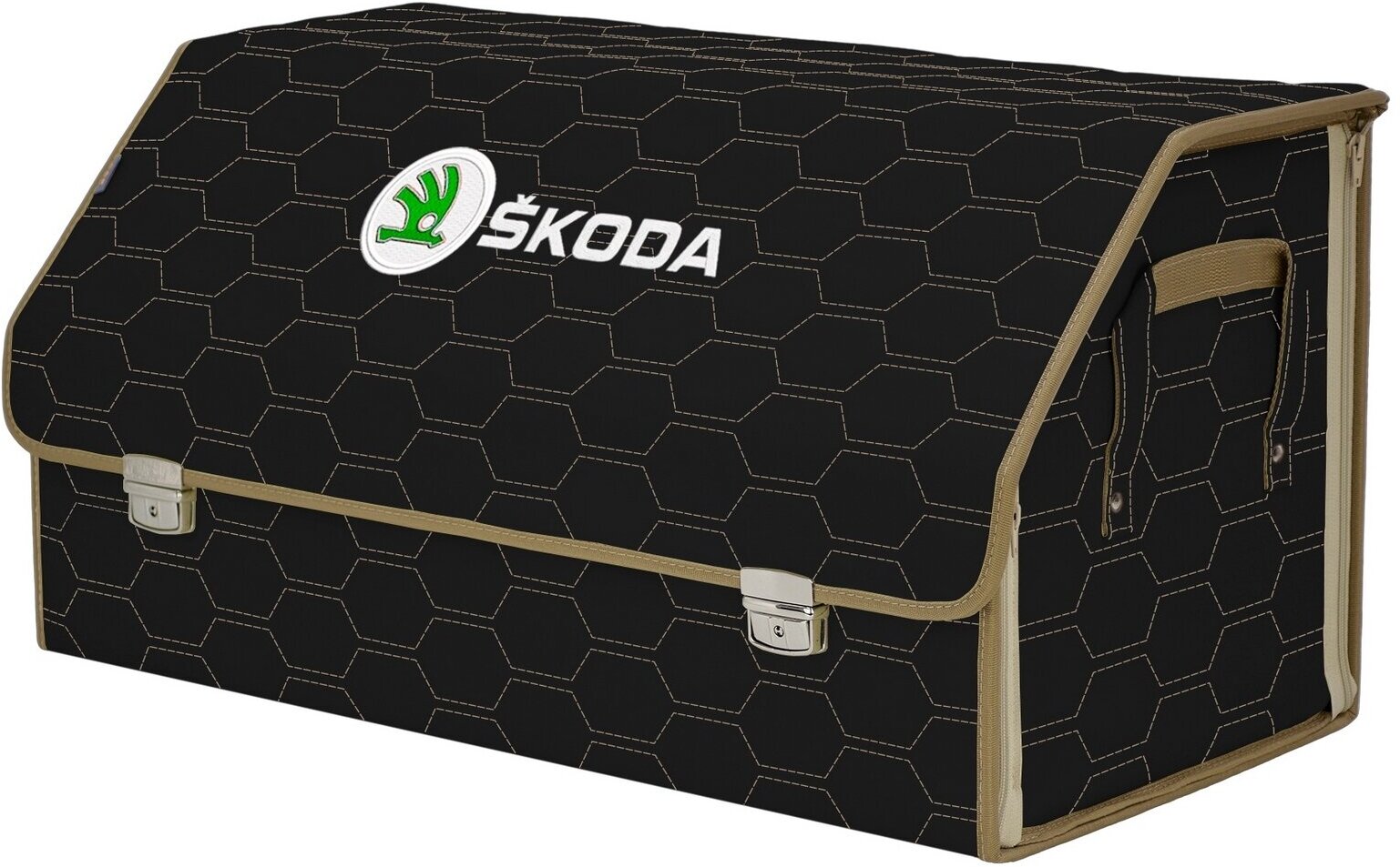 Органайзер-саквояж в багажник "Союз Премиум" (размер XL Plus). Цвет: черный с бежевой прострочкой Соты и вышивкой Skoda (Шкода).