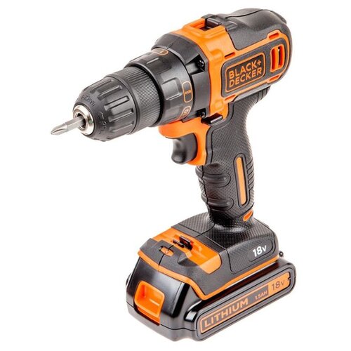 фото Аккумуляторная дрель-шуруповерт black+decker bdcdd186k1b li-ion 1.5 а·ч 18 в х2 кейс 40 н·м черный/оранжевый