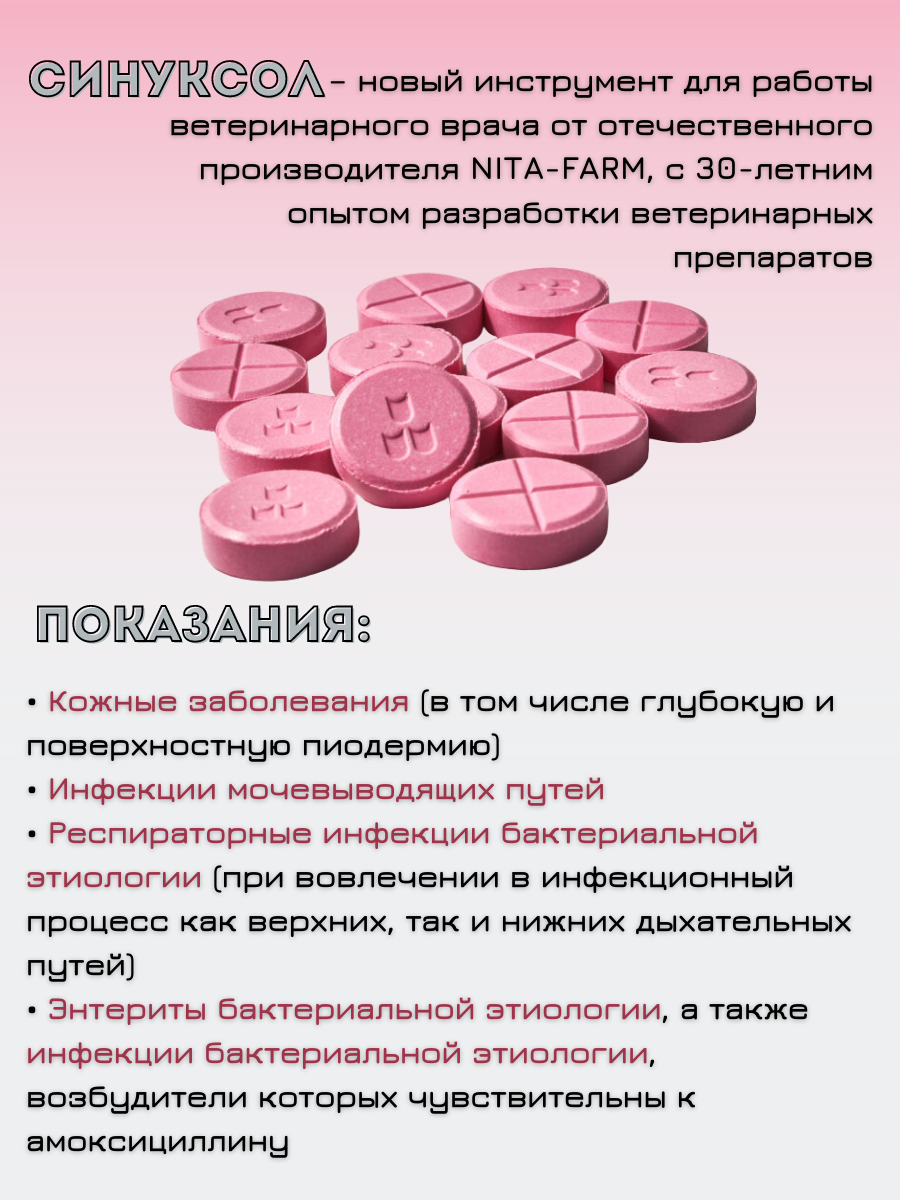 Nita-farm Синуксол Антибактериальный препарат для кошек и собак 50 мг, 10 таблеток - фото №5