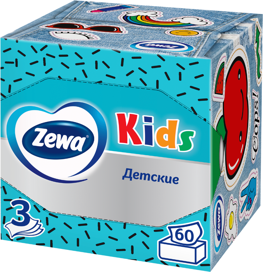 Салфетки бумажные Zewa Kids, 3 слоя, 60 шт. в ассортименте