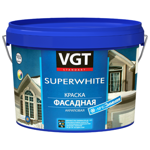 Краска акриловая VGT ВД-АК-1180 фасадная Зимняя супербелая матовая белый 10 л 15 кг vgt краска супербелая вд ак 1180 фасадная зимняя 3кг 11605415