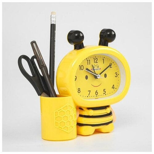 Карандашница Пчела с будильником, дискретный ход, d9 см, 14.5 х 14 см, желтый, 1 шт.