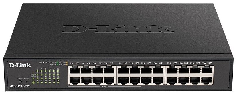 D-Link Сетевое оборудование D-Link DGS-1100-24PV2/A3A Настраиваемый L2 коммутатор c 24 портами 10/100/1000Base-T (12 портов РоЕ 802.3af/at, PoE-бюджет 100 Вт)