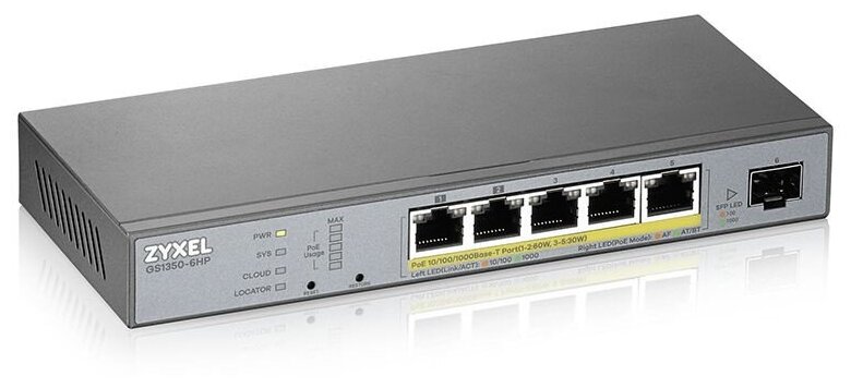 Коммутатор Zyxel GS1350-6HP-EU0101F (L2) 5x1Гбит/с 1SFP 4PoE+ 1PoE++ 60W управляемый