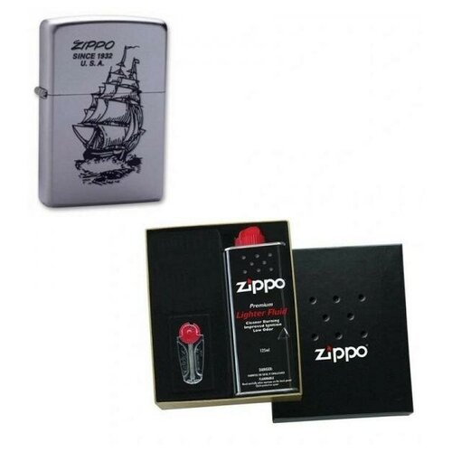 Зажигалка ZIPPO Boat-ZIPPO Satin Chrome в подарочной упаковке + топливо и кремни