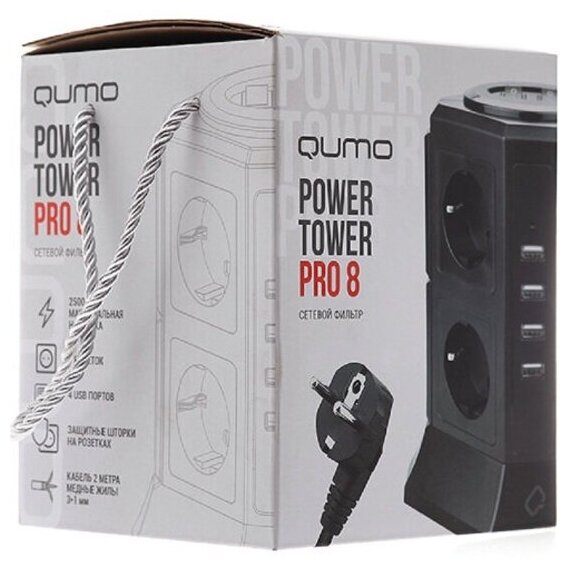 Сетевой фильтр Qumo Power Tower Pro 8SP4U (P-0002) (8 розеток, 3*1,0мм, 4xUSB, 2м) черный — фото 1