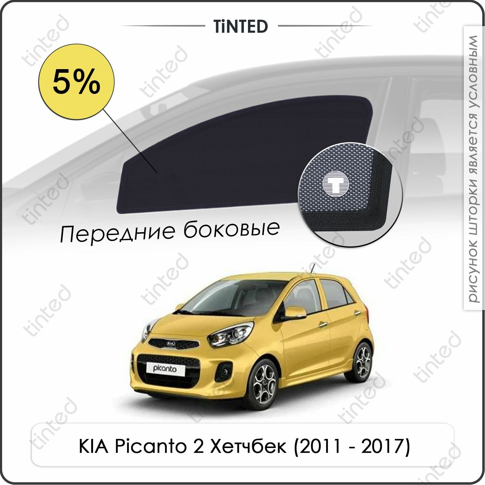 Шторки на автомобиль солнцезащитные KIA Picanto 2 Хетчбек 5дв. (2011 - 2017) на передние двери 5% сетки от солнца в машину КИА пиканто Каркасные автошторки Premium