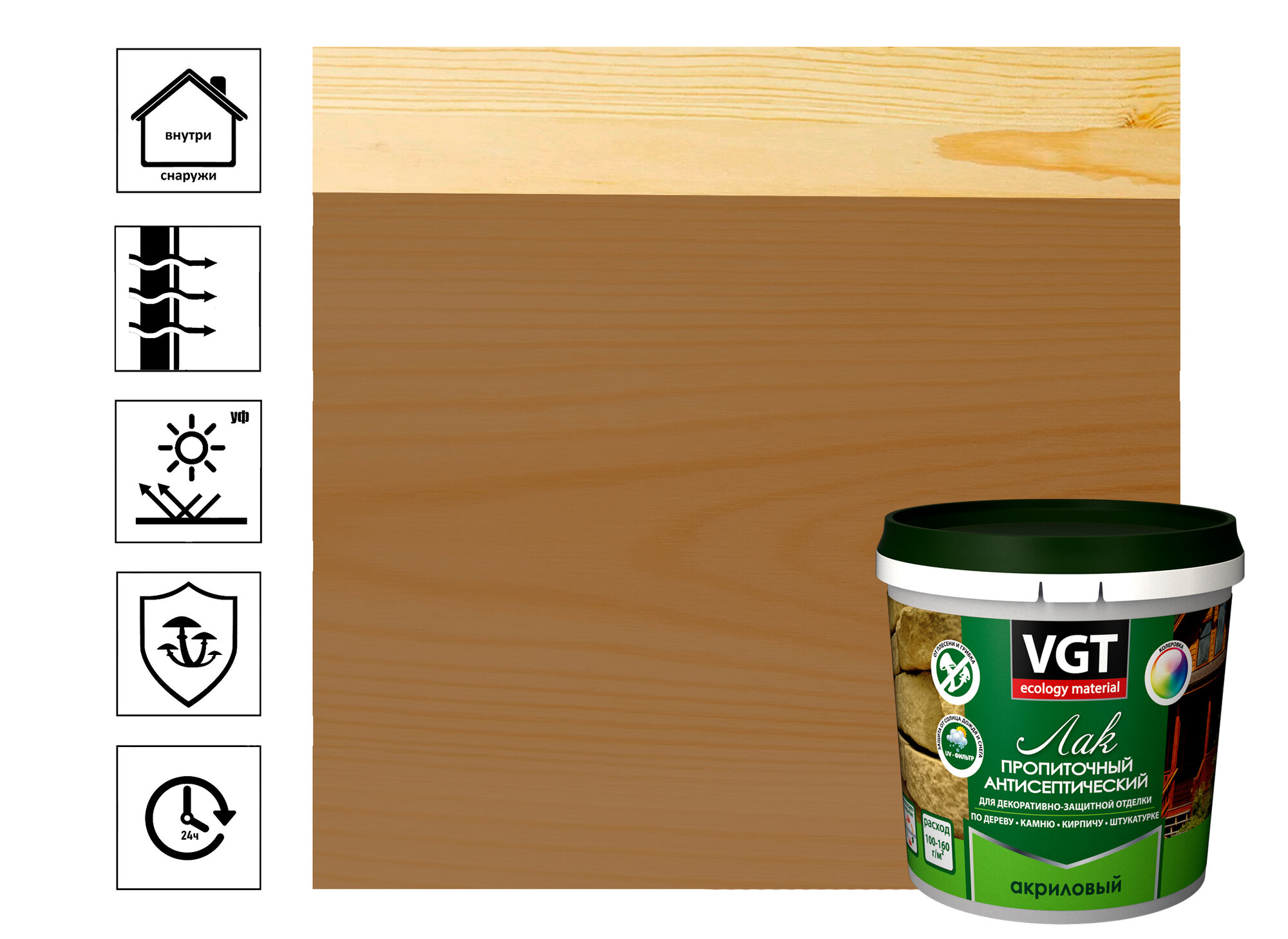 Лак Vgt акриловый пропиточный с антисептиком, калужница, 0,9 кг, 15068
