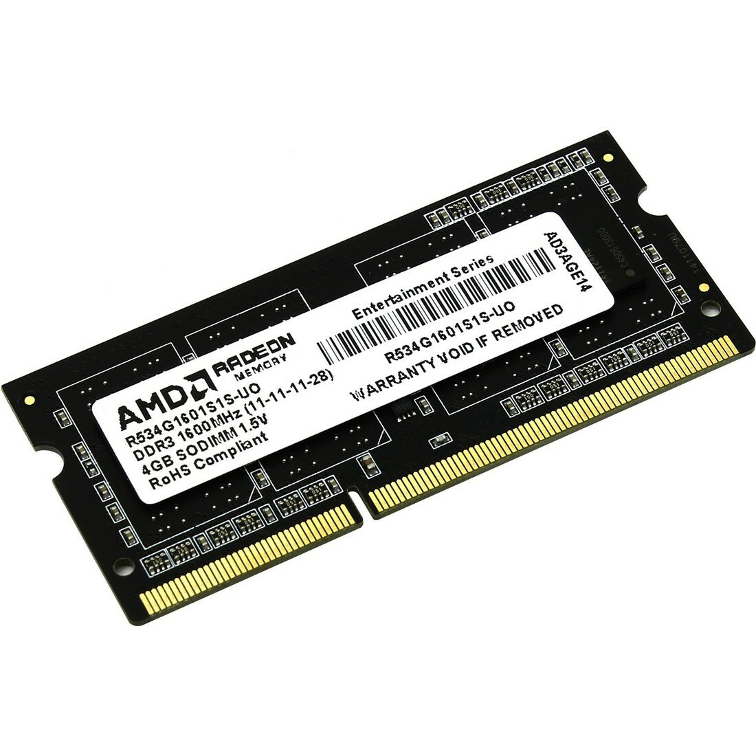 Память SODIMM DDR3 PC3-12800 AMD R534G1601S1S-UO, 1х4 Гб, 1.5 В Кол-во модулей: 1, частота: 1600 МГц