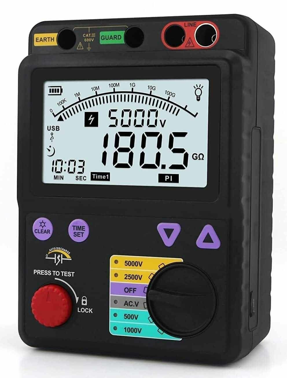 AR3126 Тестер сопротивления изоляции, номинальное напряжение 500 В, 1000 В, 2500 В, 5000 В, функция автоматического разряда, ЖК-дисплей с подсветкой. — фото 1
