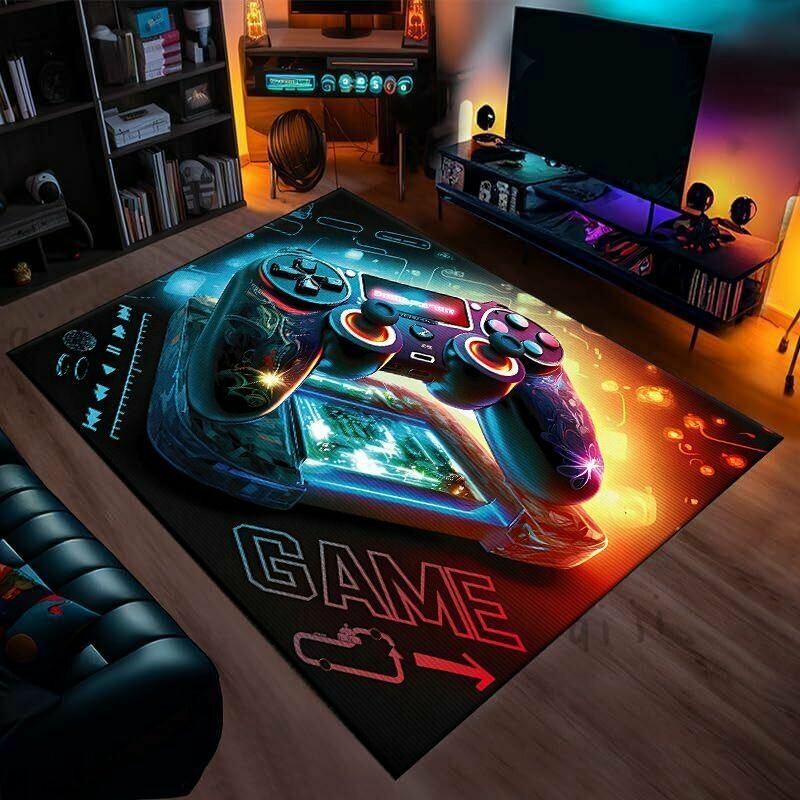 3D нескользящий игровой ковер, дизайн игрового контроллера с подсветкой на заднем плане, прямоугольная спальня