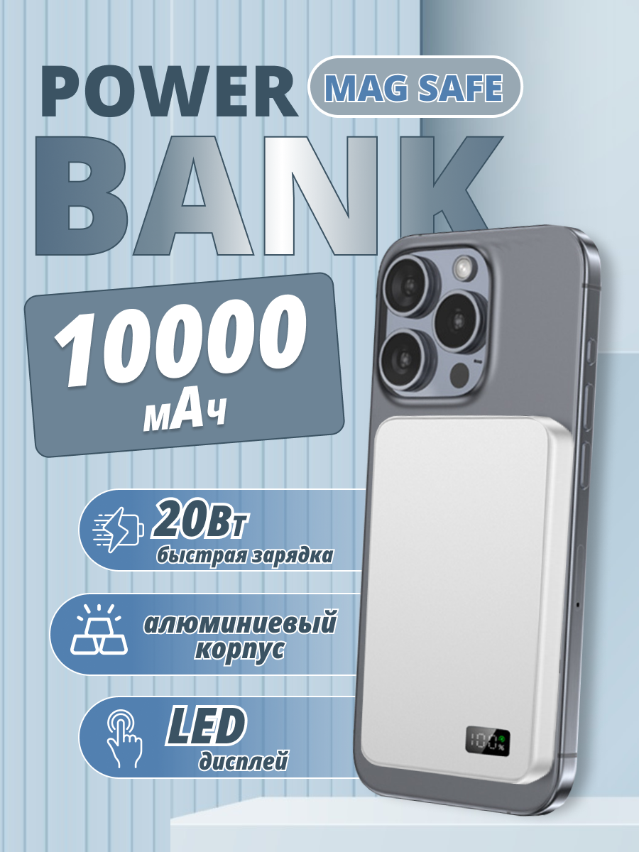 Магнитный повербанк 10000 Power Bank с быстрой беспроводной зарядкой для iPhone/ Android