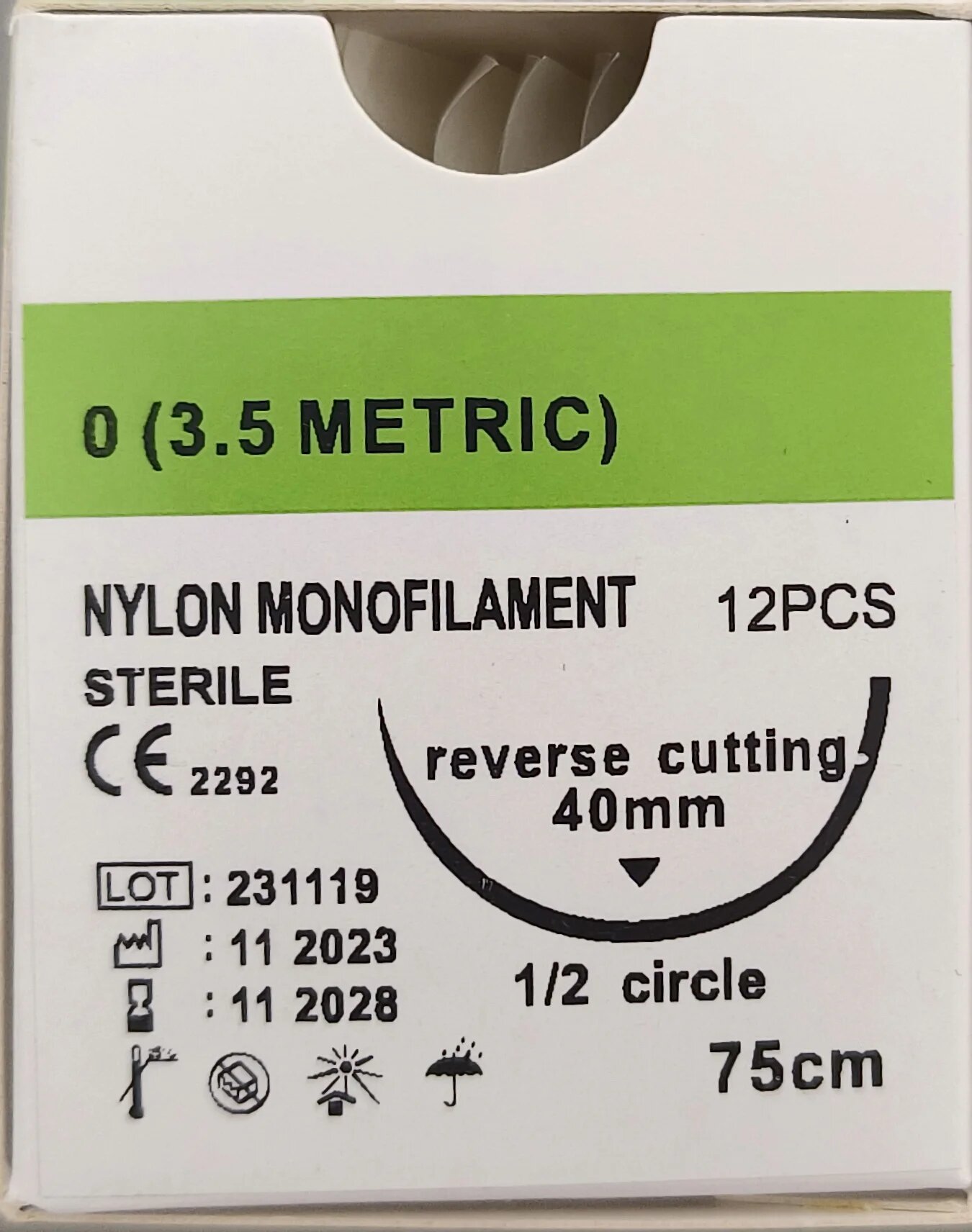 Nylon 0 мононить хирургические швы 75 см, 40 мм, 1/2 circle