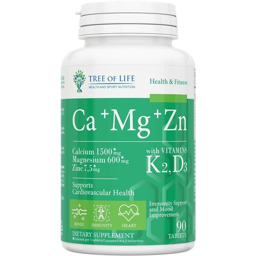 Витамины Life Ca+Mg+Zn + Vitamin K2 и Vitamin D3, для волос, бады, цинк, кальций, магний, 90 таблеток