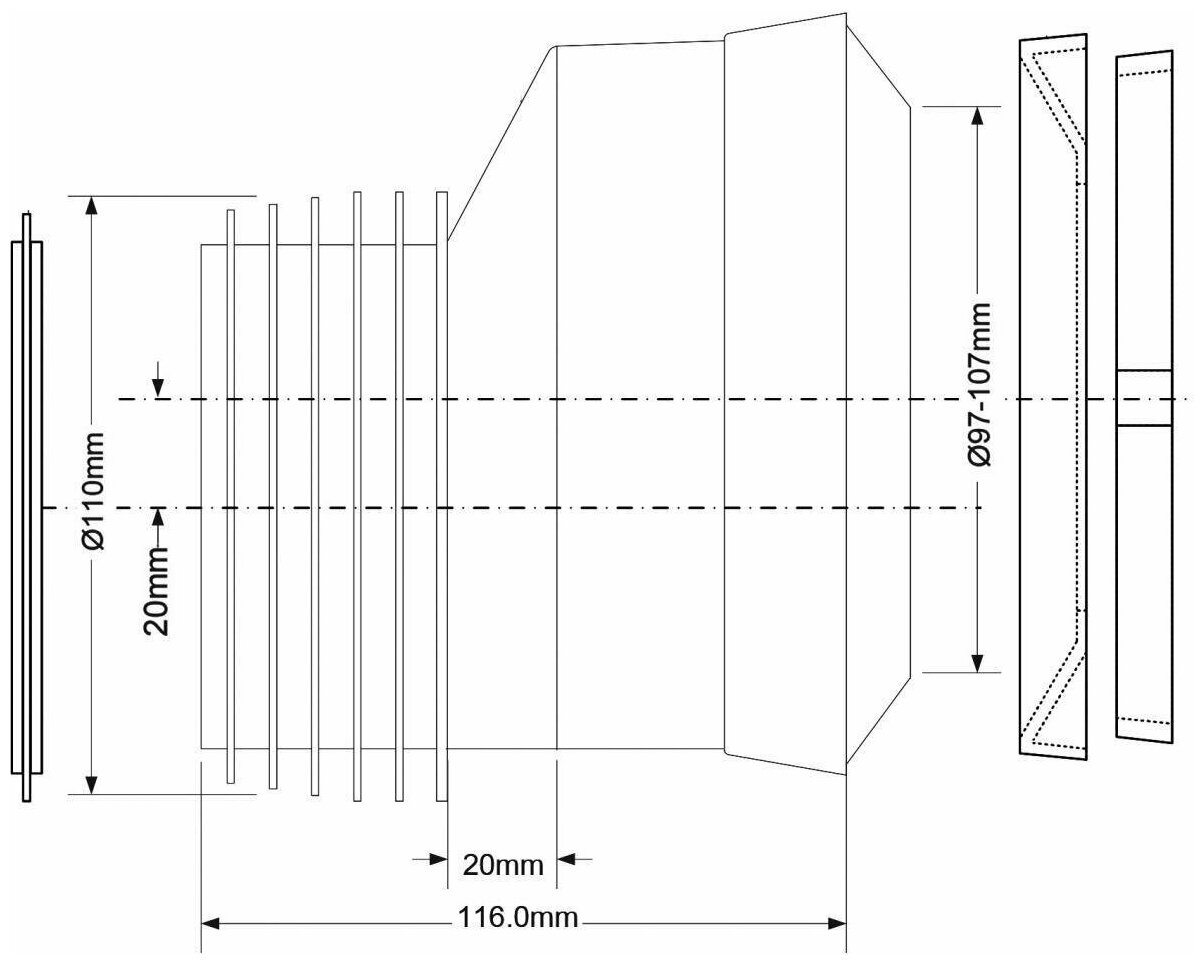 MRWC-MAC4 Патрубок (L116мм) с манжетой и 20мм смещением; вход Ду- 97-107мм - фотография № 2