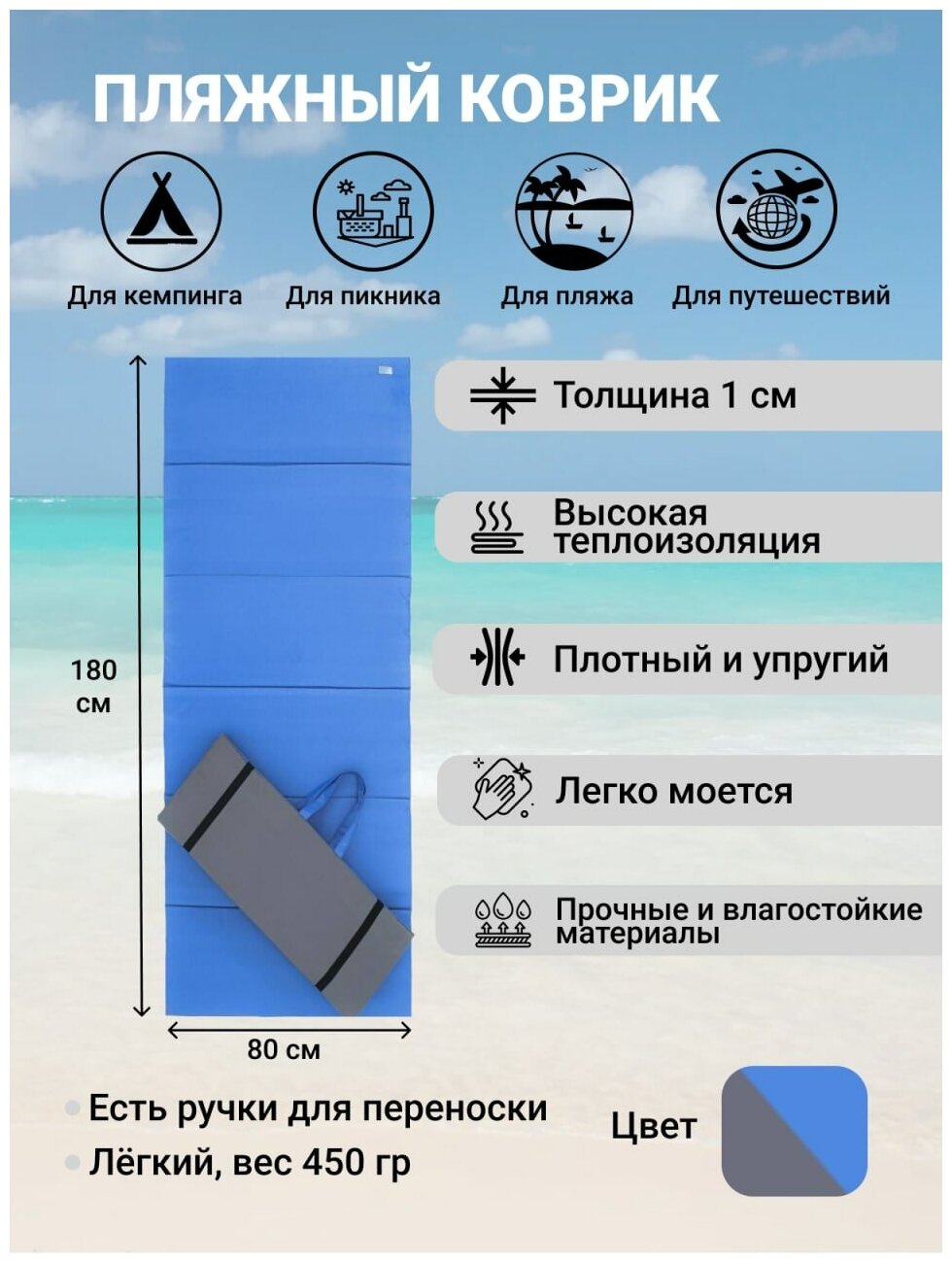 Коврик пляжный складной 80*180*1 см. Термоковрик.