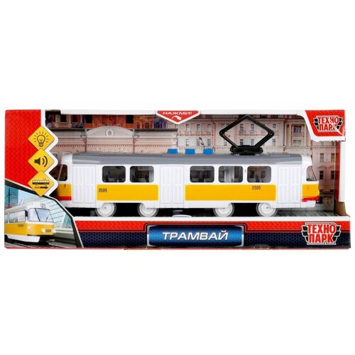 Модель «Трамвай», 21,5 см, 3 кнопки, свет-звук, инерция, цвет жёлтый модель трамвай 21 5 см 3 кнопки свет звук инерция цвет жёлтый