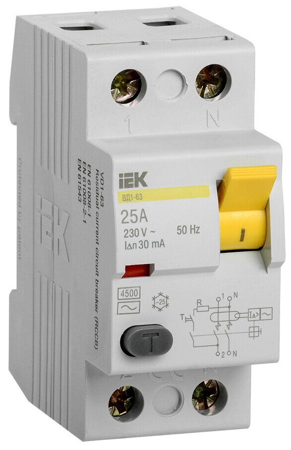 Устройство защитного отключения (УЗО) ВД1-63 25А 2П двухполюсный 30мА MDV10-2-025-030 IEK