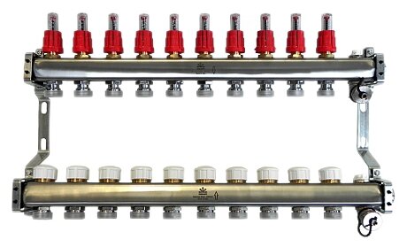 Коллекторный блок Gekon для тепл.пола 1"x3/4"EU отв.-10, с воздухоотводчиками и сливными клапанами